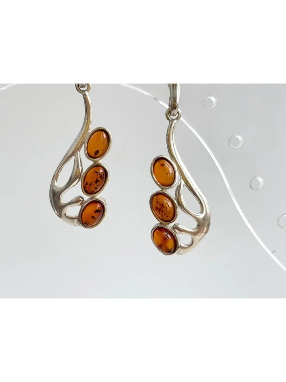 Natural Baltic Amber Accented Modernist Sterling Silver Classic 925 Earrings